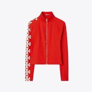 Tory Burch Red Zip-Up Bomber Jacket with White Logo Trim NWOT
